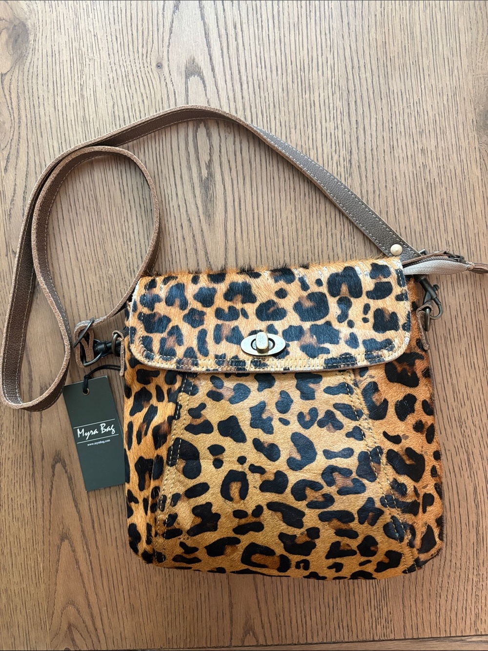 NWT Myra Bag Leopard-Print Crossbody in Tan and Black - All Leather with Hair-on